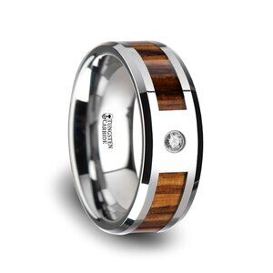 Tungsten Carbide .06ct Diamond Beveled Edges and Real Zebra Wood Inlay 8mm Sz 11